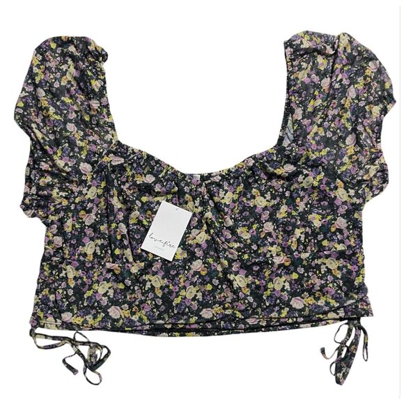 Love Fire Tops - Love Fire Womens Floral Crop Top Blouse Black Floral, Size 3X, New